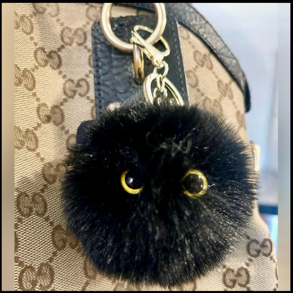 🐈‍⬛NEW Black Cat Plush Pom Pom Bag Charm/ Keychain Fuzzy Big Eyes Kawaii Cute